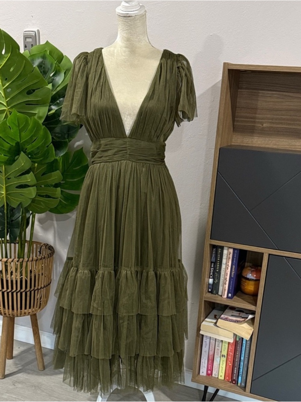 Olive Green Tiered V-Neck Maxi Dress